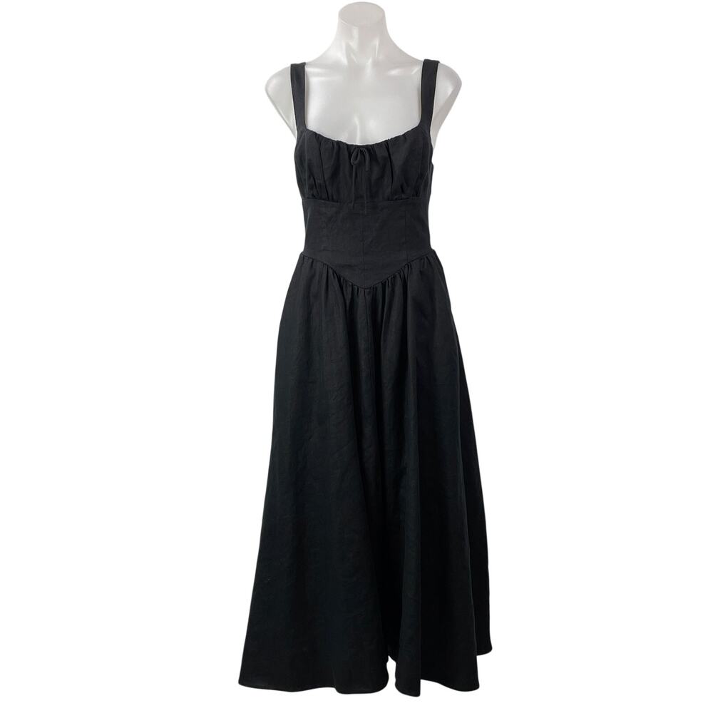 Reformation Balia 100% Linen Black Sleeveless Ruched Fit & Flare Midi Dress Sz 4